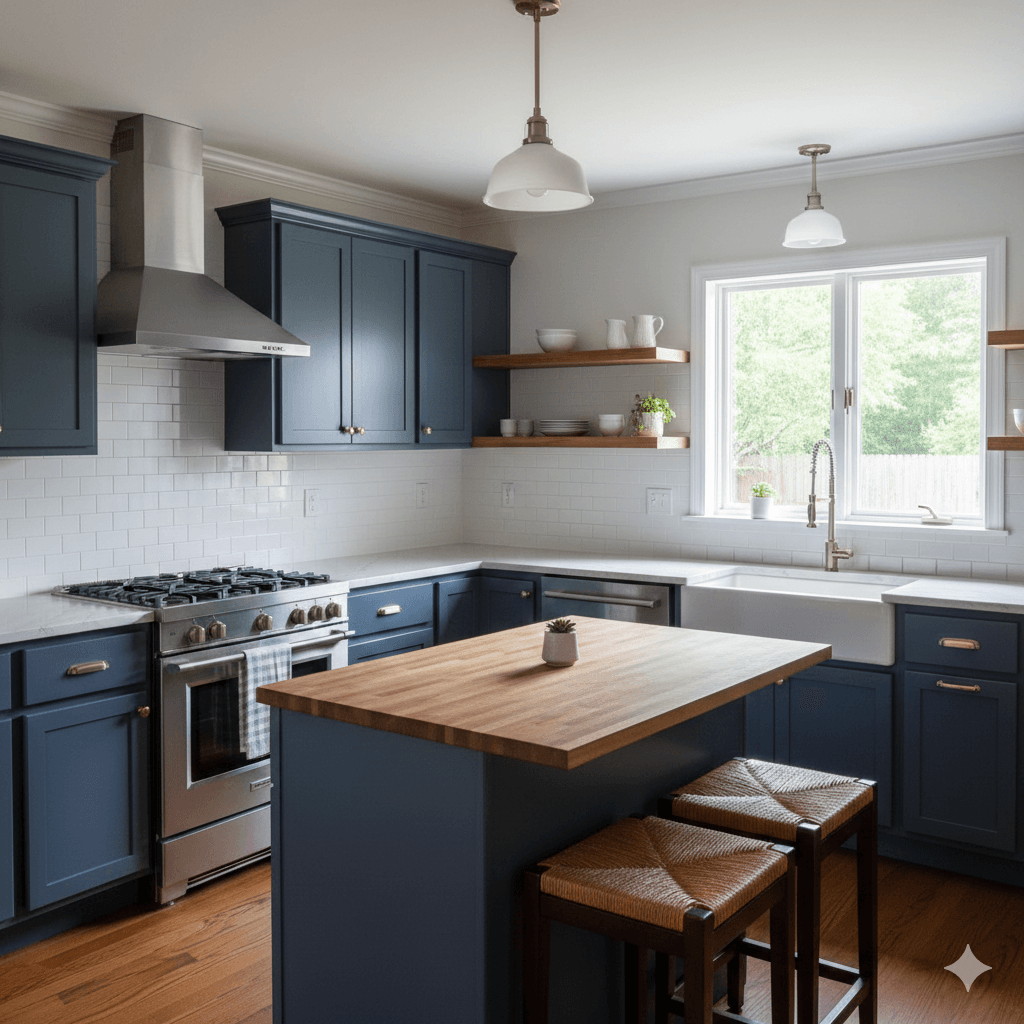 Kitchen with navy blue painted cabinets and butcher block island